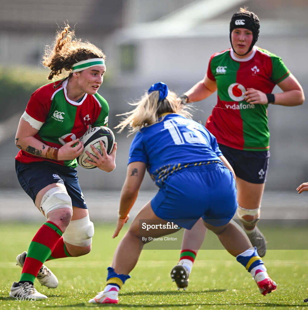 21 March 2026; Ruth Campbell of Clovers in action against Kelsie Webster of Gwalia Lightning during the Celtic Challenge semi-final match between Clovers and Gwalia Lightning at Dexcom Stadium in Galway. Photo by Shauna Clinton/Sportsfile
