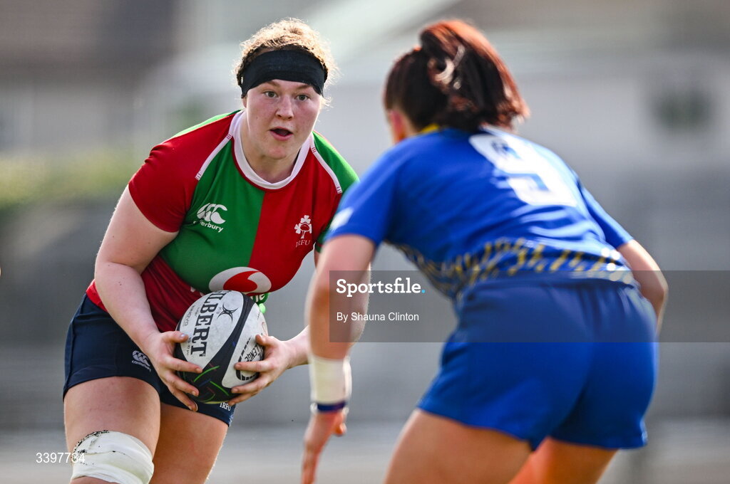 21 March 2026; Aoibheann McGrath of Clovers in action against Sian Jones of Gwalia Lightning during the Celtic Challenge semi-final match between Clovers and Gwalia Lightning at Dexcom Stadium in Galway. Photo by Shauna Clinton/Sportsfile