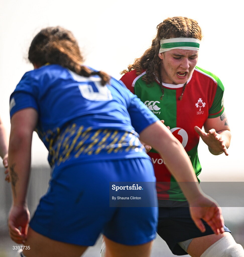21 March 2026; Ruth Campbell of Clovers in action against Sian Jones of Gwalia Lightning during the Celtic Challenge semi-final match between Clovers and Gwalia Lightning at Dexcom Stadium in Galway. Photo by Shauna Clinton/Sportsfile