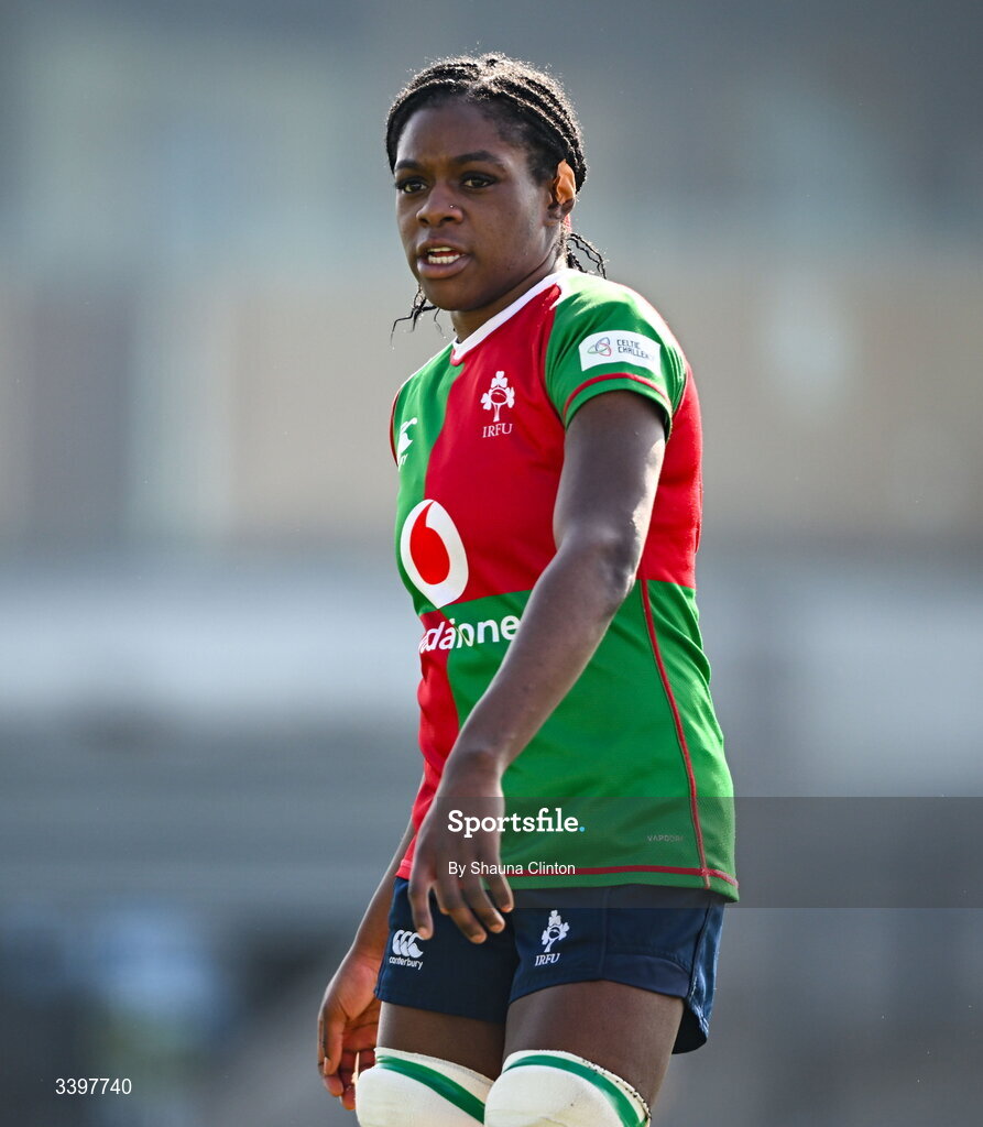 21 March 2026; Faith Oviawe of Clovers during the Celtic Challenge semi-final match between Clovers and Gwalia Lightning at Dexcom Stadium in Galway. Photo by Shauna Clinton/Sportsfile