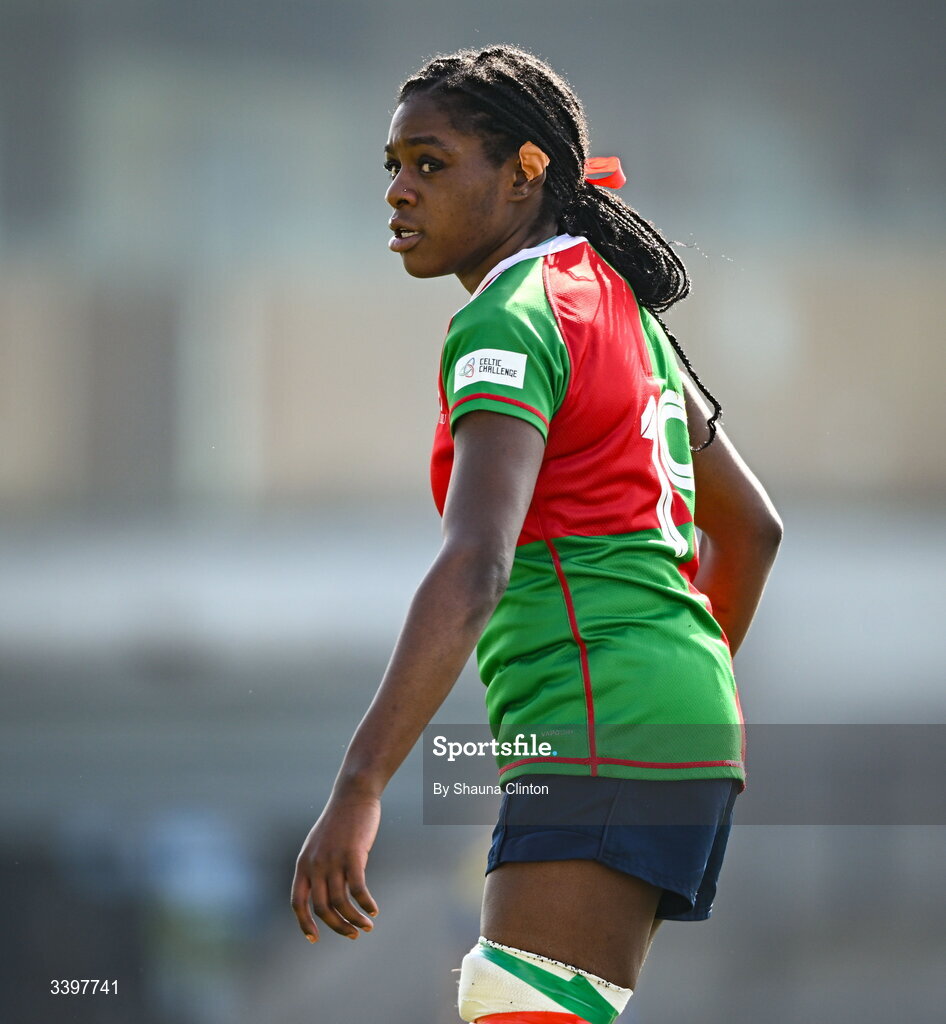 21 March 2026; Faith Oviawe of Clovers during the Celtic Challenge semi-final match between Clovers and Gwalia Lightning at Dexcom Stadium in Galway. Photo by Shauna Clinton/Sportsfile