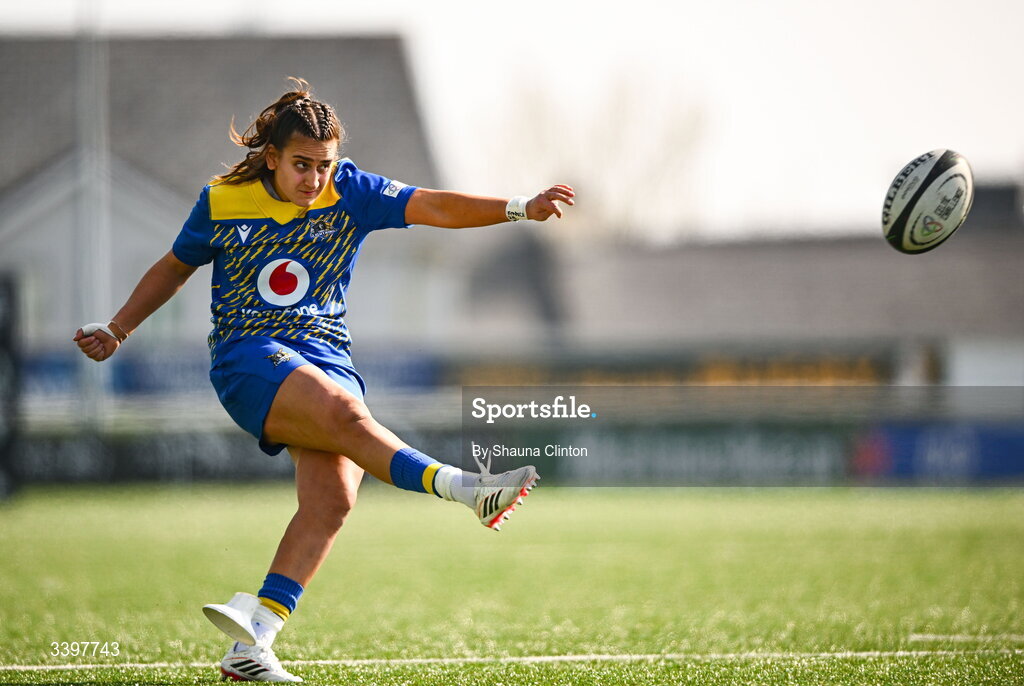 21 March 2026; Carys Hughes of Gwalia Lightning attempts to kick a conversion during the Celtic Challenge semi-final match between Clovers and Gwalia Lightning at Dexcom Stadium in Galway. Photo by Shauna Clinton/Sportsfile