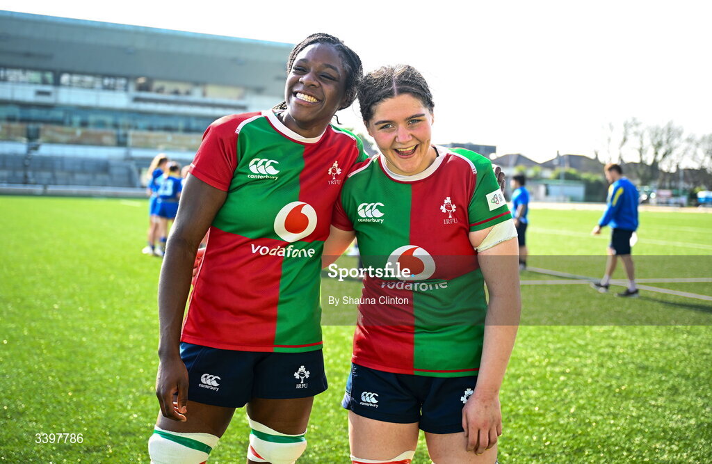 21 March 2026; Clovers players Faith Oviawe, left, and Jemima Adams Verling after their side's victory in the Celtic Challenge semi-final match between Clovers and Gwalia Lightning at Dexcom Stadium in Galway. Photo by Shauna Clinton/Sportsfile