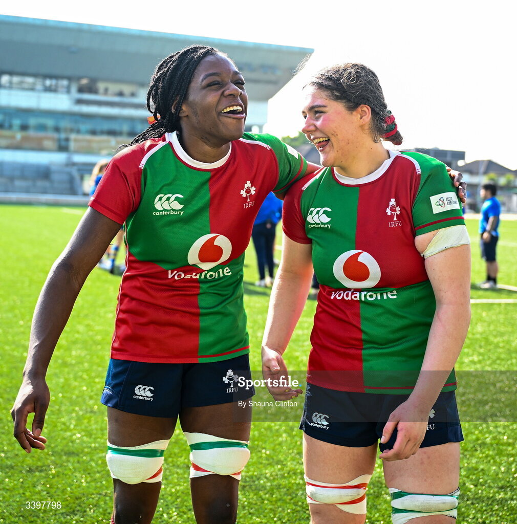 21 March 2026; Clovers players Faith Oviawe, left, and Jemima Adams Verling after their side's victory in the Celtic Challenge semi-final match between Clovers and Gwalia Lightning at Dexcom Stadium in Galway. Photo by Shauna Clinton/Sportsfile