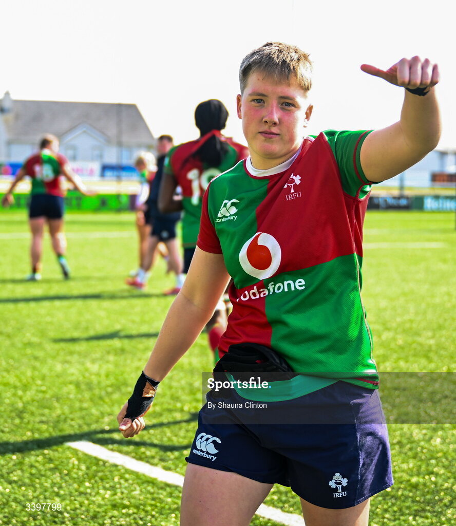 21 March 2026; Beth Buttimer of Clovers after her side's victory in the Celtic Challenge semi-final match between Clovers and Gwalia Lightning at Dexcom Stadium in Galway. Photo by Shauna Clinton/Sportsfile