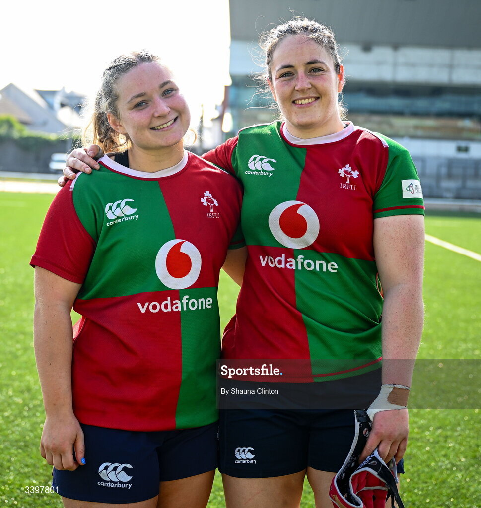 21 March 2026; Clovers players Sadhbh McGrath, left, and Siobhán McCarthy after their side's victory in the Celtic Challenge semi-final match between Clovers and Gwalia Lightning at Dexcom Stadium in Galway. Photo by Shauna Clinton/Sportsfile