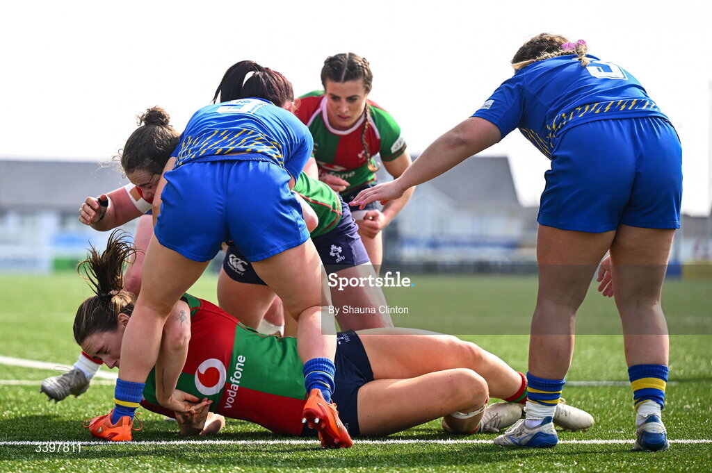 21 March 2026; Anna McGann of Clovers gets held up at the line by Sian Jones of Gwalia Lightning during the Celtic Challenge semi-final match between Clovers and Gwalia Lightning at Dexcom Stadium in Galway. Photo by Shauna Clinton/Sportsfile
