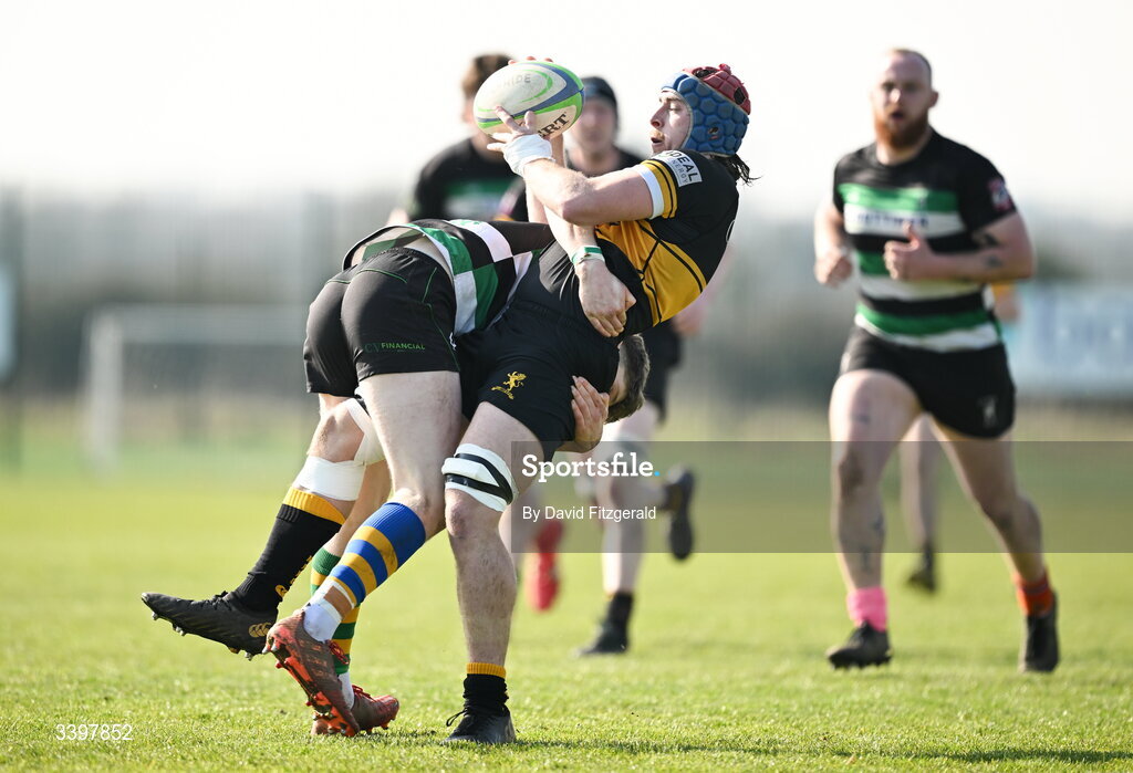 21 March 2026; Sam Lindeman of Malahide is tackled by Michael Connellan of Clonmel during the Energia All-Ireland League Men's Division 2C match between Malahide RFC and Clonmel RFC at Malahide RFC on Estuary Road in Dublin. Photo by David Fitzgerald/Sportsfile