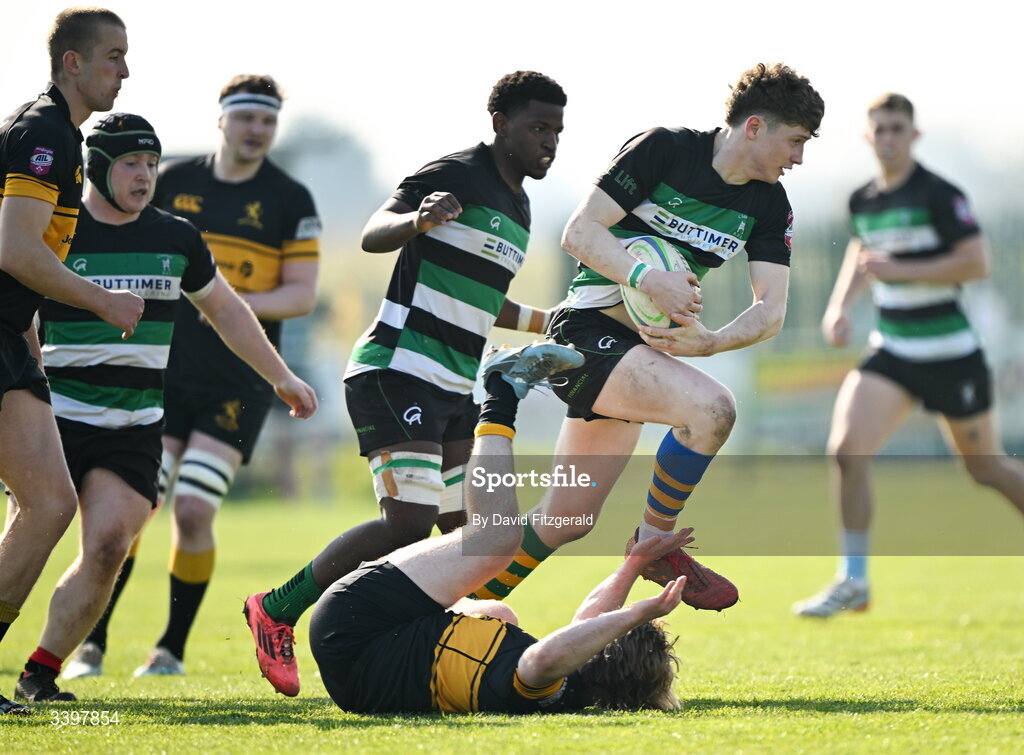 21 March 2026; Michael Connellan of Clonmel in action against Michael Tyrrell of Malahide during the Energia All-Ireland League Men's Division 2C match between Malahide RFC and Clonmel RFC at Malahide RFC on Estuary Road in Dublin. Photo by David Fitzgerald/Sportsfile