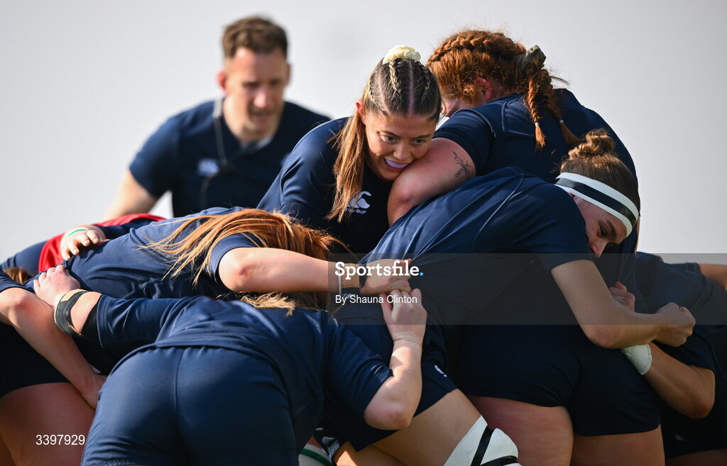 21 March 2026; Wolfhounds players, including Naoise Smyth, centre, warm-up before the Celtic Challenge semi-final match between Wolfhounds and Brython Thunder at Dexcom Stadium in Galway. Photo by Shauna Clinton/Sportsfile