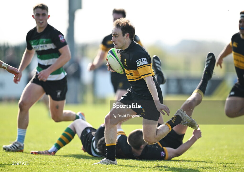 21 March 2026; Conrad Daly of Malahide makes a break during the Energia All-Ireland League Men's Division 2C match between Malahide RFC and Clonmel RFC at Malahide RFC on Estuary Road in Dublin. Photo by David Fitzgerald/Sportsfile