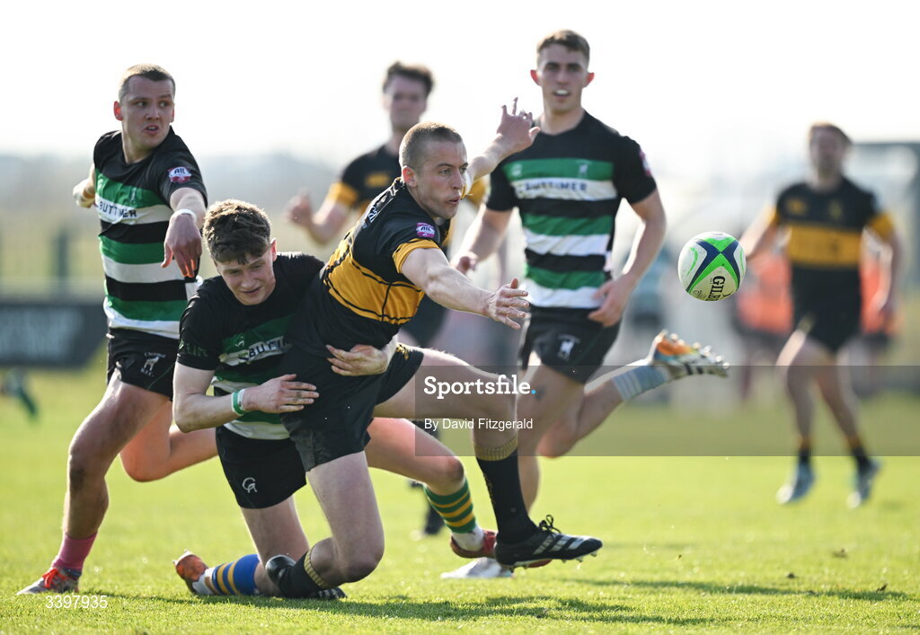 21 March 2026; David O'Halloran of Malahide is tackled by Michael Connellan of Clonmel during the Energia All-Ireland League Men's Division 2C match between Malahide RFC and Clonmel RFC at Malahide RFC on Estuary Road in Dublin. Photo by David Fitzgerald/Sportsfile