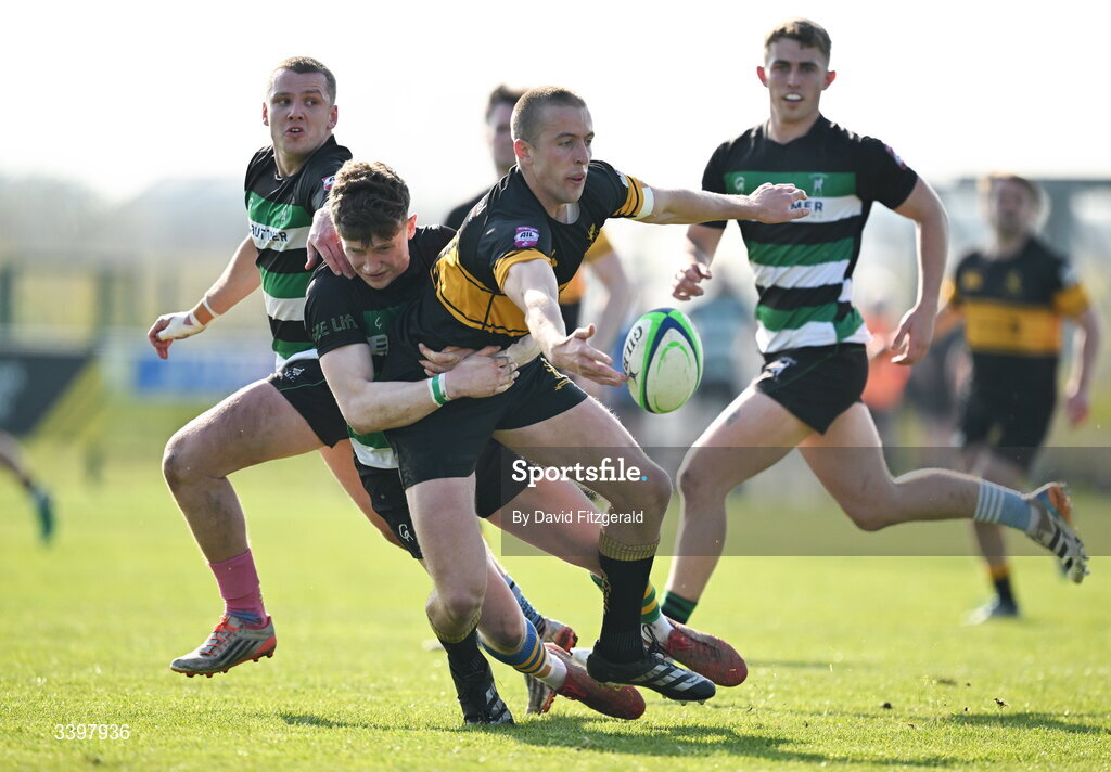 21 March 2026; David O'Halloran of Malahide is tackled by Michael Connellan of Clonmel during the Energia All-Ireland League Men's Division 2C match between Malahide RFC and Clonmel RFC at Malahide RFC on Estuary Road in Dublin. Photo by David Fitzgerald/Sportsfile