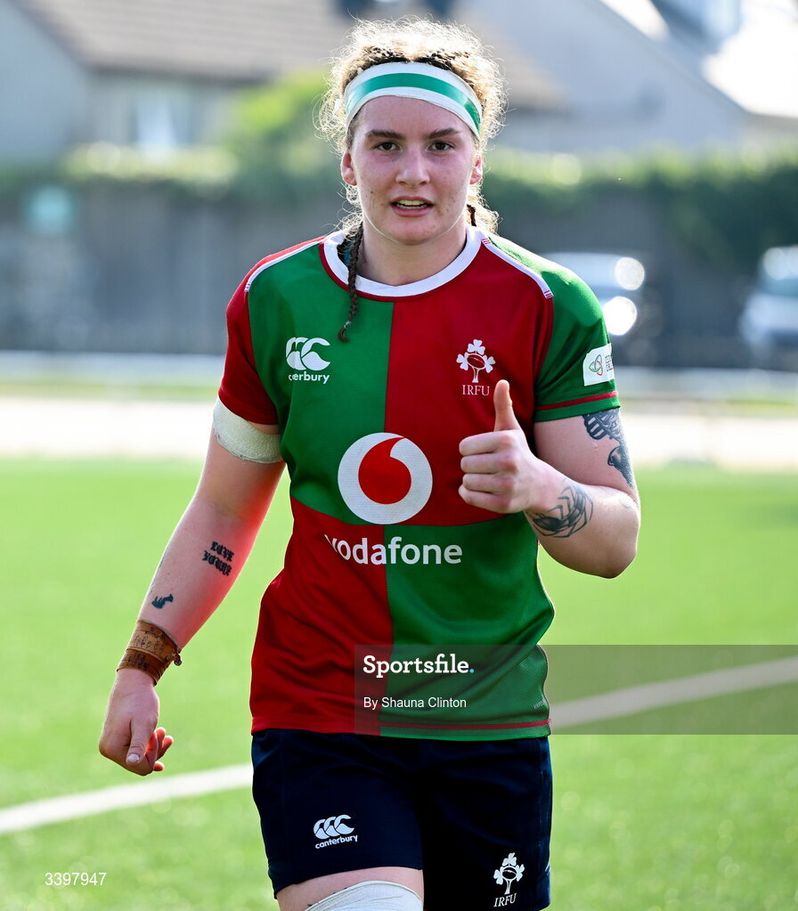 21 March 2026; Ruth Campbell of Clovers after the Celtic Challenge semi-final match between Clovers and Gwalia Lightning at Dexcom Stadium in Galway. Photo by Shauna Clinton/Sportsfile