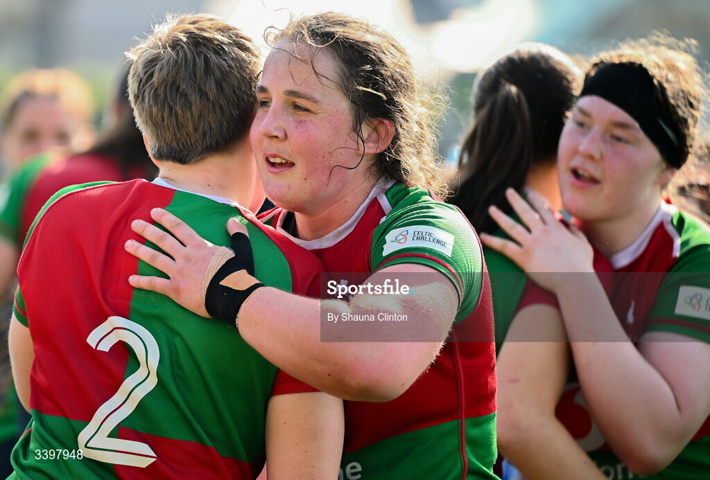 21 March 2026; Enya Breen of Clovers, right, and team-mate Beth Buttimer after their side's victory in the Celtic Challenge semi-final match between Clovers and Gwalia Lightning at Dexcom Stadium in Galway. Photo by Shauna Clinton/Sportsfile
