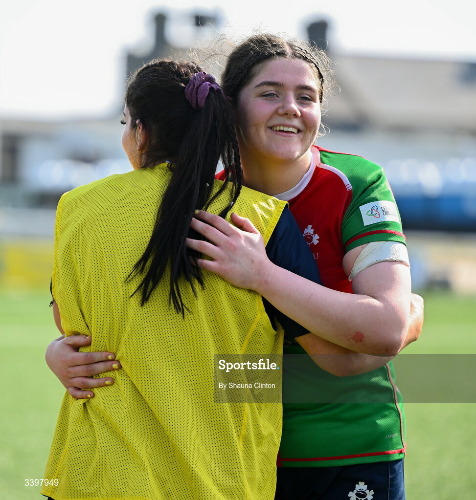 21 March 2026; Jemima Adams Verling of Clovers, right, after the Celtic Challenge semi-final match between Clovers and Gwalia Lightning at Dexcom Stadium in Galway. Photo by Shauna Clinton/Sportsfile