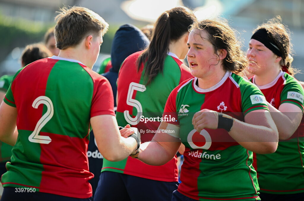 21 March 2026; Enya Breen of Clovers, right, and team-mate Beth Buttimer after their side's victory in the Celtic Challenge semi-final match between Clovers and Gwalia Lightning at Dexcom Stadium in Galway. Photo by Shauna Clinton/Sportsfile