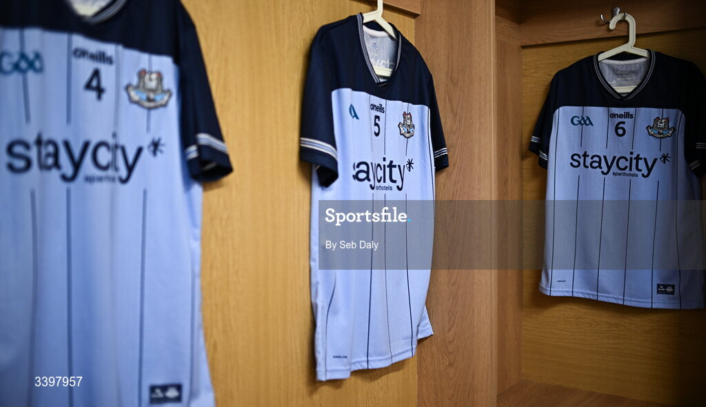 21 March 2026; The jersey's of Dublin players, from right, Chris Crummey, Paddy Doyle, and Paddy Smyth before the Allianz Hurling League Division 1B match between Carlow and Dublin at Netwatch Cullen Park in Carlow. Photo by Seb Daly/Sportsfile