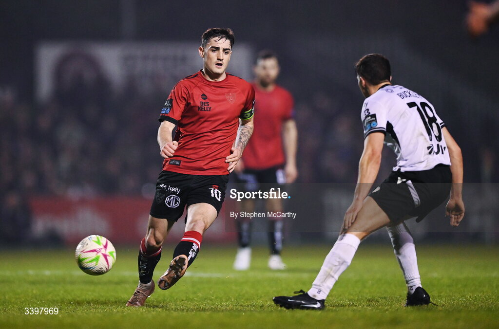 20 March 2026; Dawson Devoy of Bohemians in action against Keith Buckley of Dundalk during the SSE Airtricity Men's Premier Division match between Bohemians and Dundalk at Dalymount Park in Dublin. Photo by Stephen McCarthy/Sportsfile