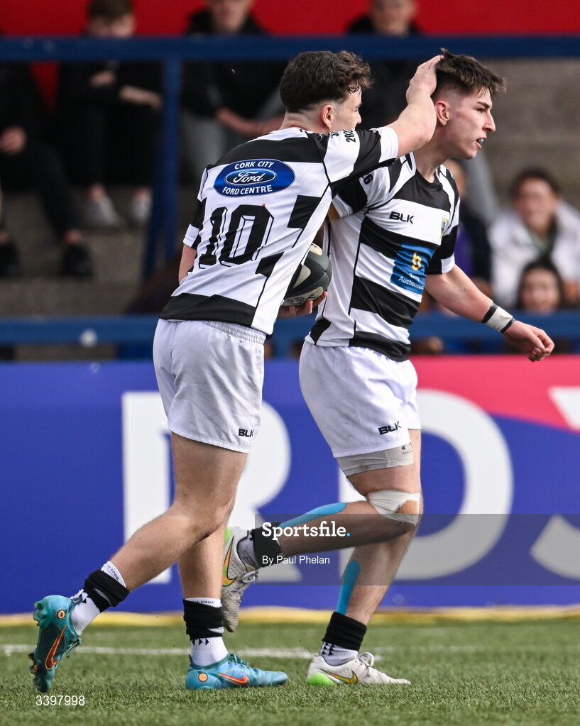 18 March 2026; Harry Galvin Carty of Presentation Brothers College celebrates his try with David Nolan of Presentation Brothers College during the Pinergy Munster Schools Boys Senior Cup final match between Presentation Brothers College, Cork and St. Munchin’s College, Limerick at Virgin Media Park in Cork. Photo by Paul Phelan/Sportsfile