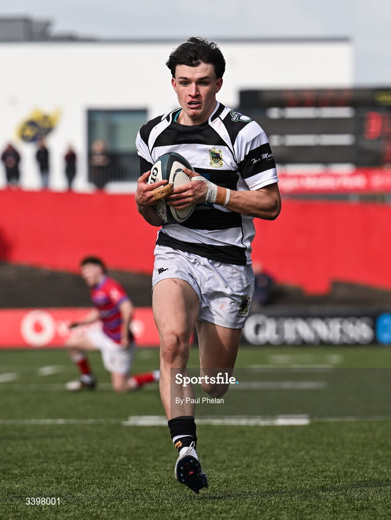 18 March 2026; Bobby O’Callaghan of Presentation Brothers College scores a try during the Pinergy Munster Schools Boys Senior Cup final match between Presentation Brothers College, Cork and St. Munchin’s College, Limerick at Virgin Media Park in Cork. Photo by Paul Phelan/Sportsfile