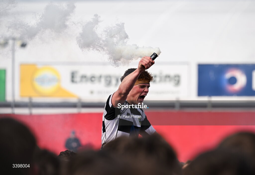 18 March 2026; Captain of Presentation Brothers College, Rian MacFarlane O'Shea, celebrates with a flare after the Pinergy Munster Schools Boys Senior Cup final match between Presentation Brothers College, Cork and St. Munchin’s College, Limerick at Virgin Media Park in Cork. Photo by Paul Phelan/Sportsfile