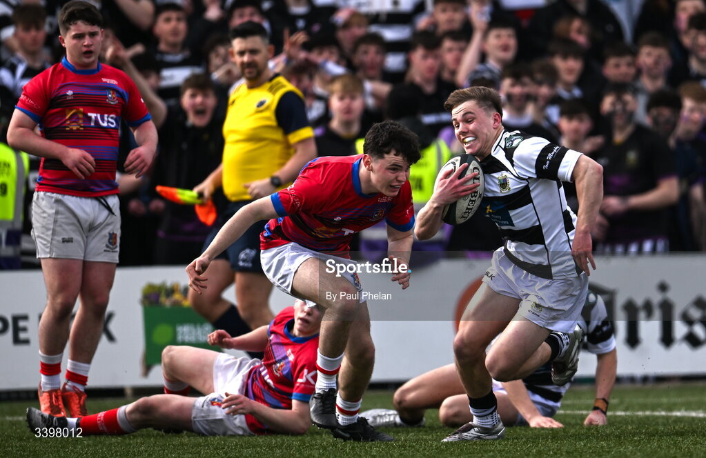18 March 2026; Bobby Waters of Presentation Brothers College on his way to scoring a try during the Pinergy Munster Schools Boys Senior Cup final match between Presentation Brothers College, Cork and St. Munchin’s College, Limerick at Virgin Media Park in Cork. Photo by Paul Phelan/Sportsfile
