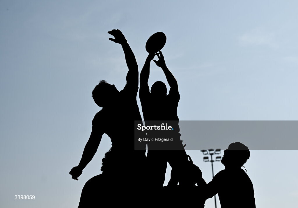 21 March 2026; Both sides contest a lineout during the Energia All-Ireland League Men's Division 2C match between Malahide RFC and Clonmel RFC at Malahide RFC on Estuary Road in Dublin. Photo by David Fitzgerald/Sportsfile