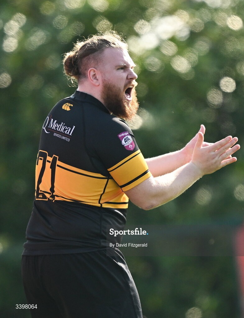 21 March 2026; Joey Boland of Malahide celebrates a try for his side during the Energia All-Ireland League Men's Division 2C match between Malahide RFC and Clonmel RFC at Malahide RFC on Estuary Road in Dublin. Photo by David Fitzgerald/Sportsfile