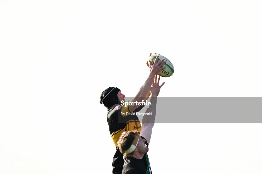 21 March 2026; Marc Kelly of Malahide in action against Keith Melbourne of Clonmel during the Energia All-Ireland League Men's Division 2C match between Malahide RFC and Clonmel RFC at Malahide RFC on Estuary Road in Dublin. Photo by David Fitzgerald/Sportsfile