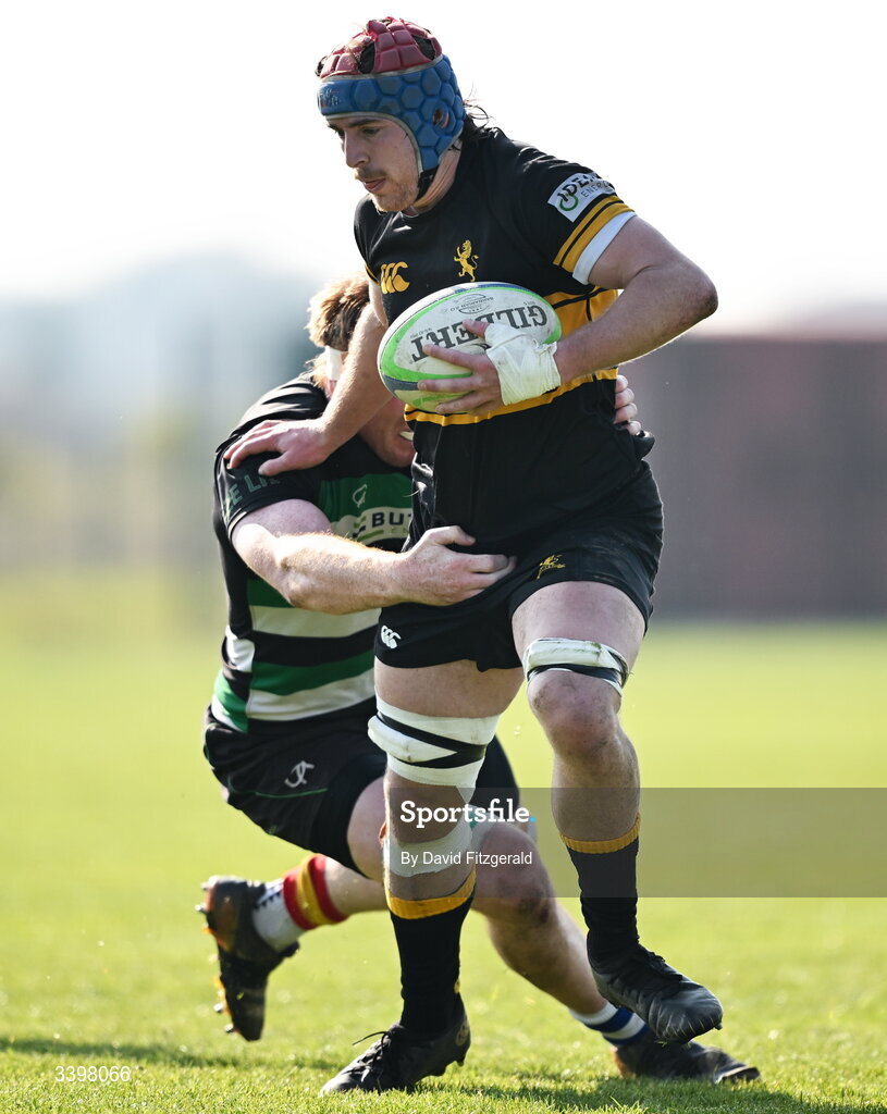 21 March 2026; Sam Lindeman of Malahide is tackled by Keith Melbourne of Clonmel during the Energia All-Ireland League Men's Division 2C match between Malahide RFC and Clonmel RFC at Malahide RFC on Estuary Road in Dublin. Photo by David Fitzgerald/Sportsfile