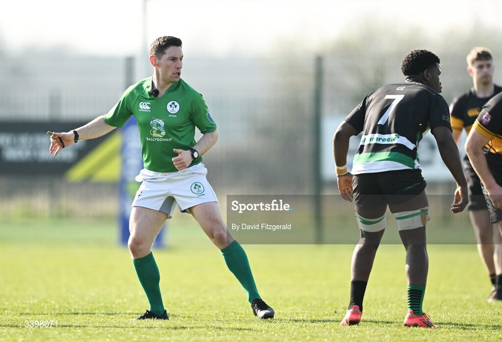 21 March 2026; Referee Ross Shaughnessy during the Energia All-Ireland League Men's Division 2C match between Malahide RFC and Clonmel RFC at Malahide RFC on Estuary Road in Dublin. Photo by David Fitzgerald/Sportsfile