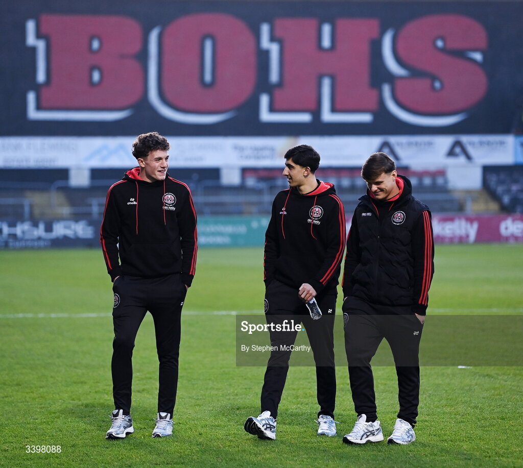 20 March 2026; Bohemians players, from left, Josh Harpur, Finn McDonnell and Markuss Strods arrive for the SSE Airtricity Men's Premier Division match between Bohemians and Dundalk at Dalymount Park in Dublin. Photo by Stephen McCarthy/Sportsfile