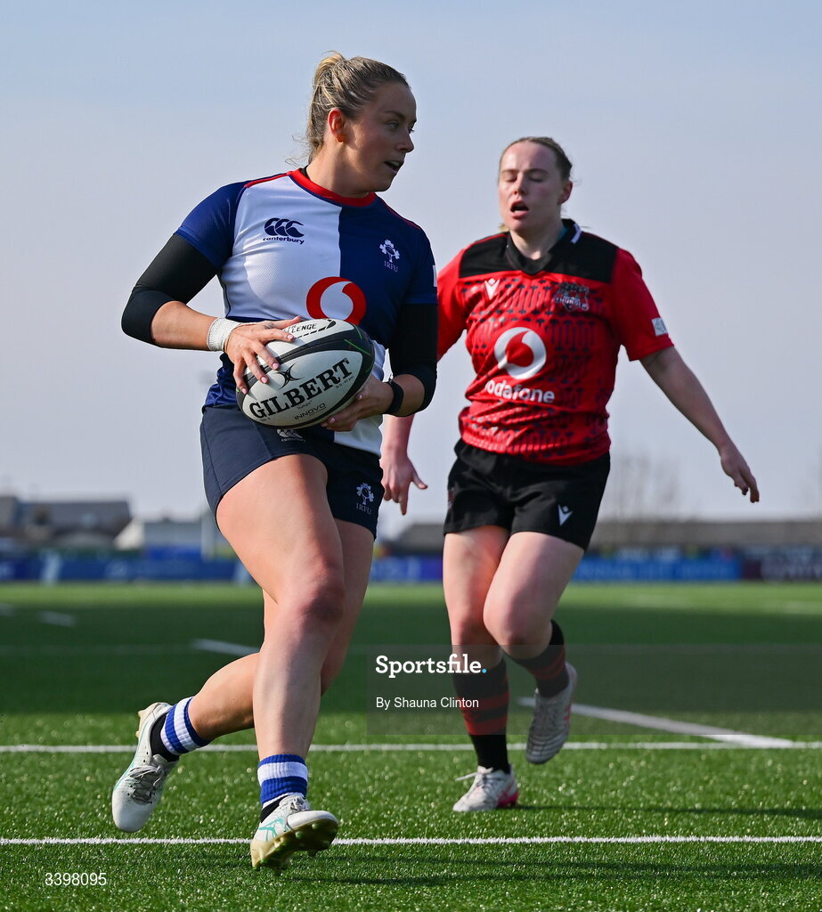 21 March 2026; Stacey Flood of Wolfhounds scores her side's third try during the Celtic Challenge semi-final match between Wolfhounds and Brython Thunder at Dexcom Stadium in Galway. Photo by Shauna Clinton/Sportsfile