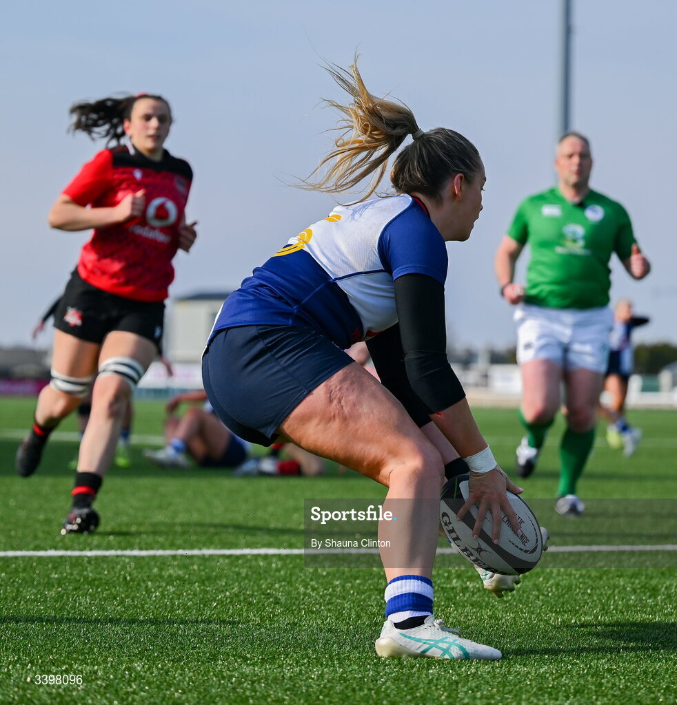 21 March 2026; Stacey Flood of Wolfhounds scores her side's third try during the Celtic Challenge semi-final match between Wolfhounds and Brython Thunder at Dexcom Stadium in Galway. Photo by Shauna Clinton/Sportsfile