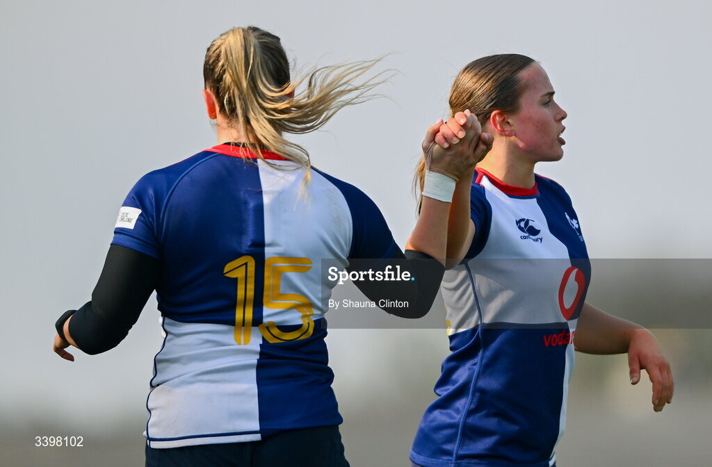 21 March 2026; Stacey Flood of Wolfhounds, right, is congratulated by team-mate Robyn O'Connor after scoring her side's third try during the Celtic Challenge semi-final match between Wolfhounds and Brython Thunder at Dexcom Stadium in Galway. Photo by Shauna Clinton/Sportsfile