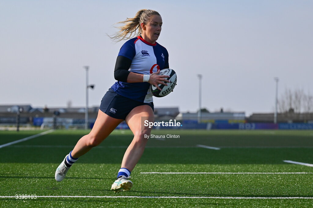 21 March 2026; Stacey Flood of Wolfhounds scores her side's third try during the Celtic Challenge semi-final match between Wolfhounds and Brython Thunder at Dexcom Stadium in Galway. Photo by Shauna Clinton/Sportsfile