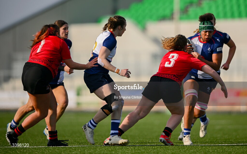 21 March 2026; Grace Moore of Wolfhounds in action against Elan Jones of Brython Thunder during the Celtic Challenge semi-final match between Wolfhounds and Brython Thunder at Dexcom Stadium in Galway. Photo by Shauna Clinton/Sportsfile