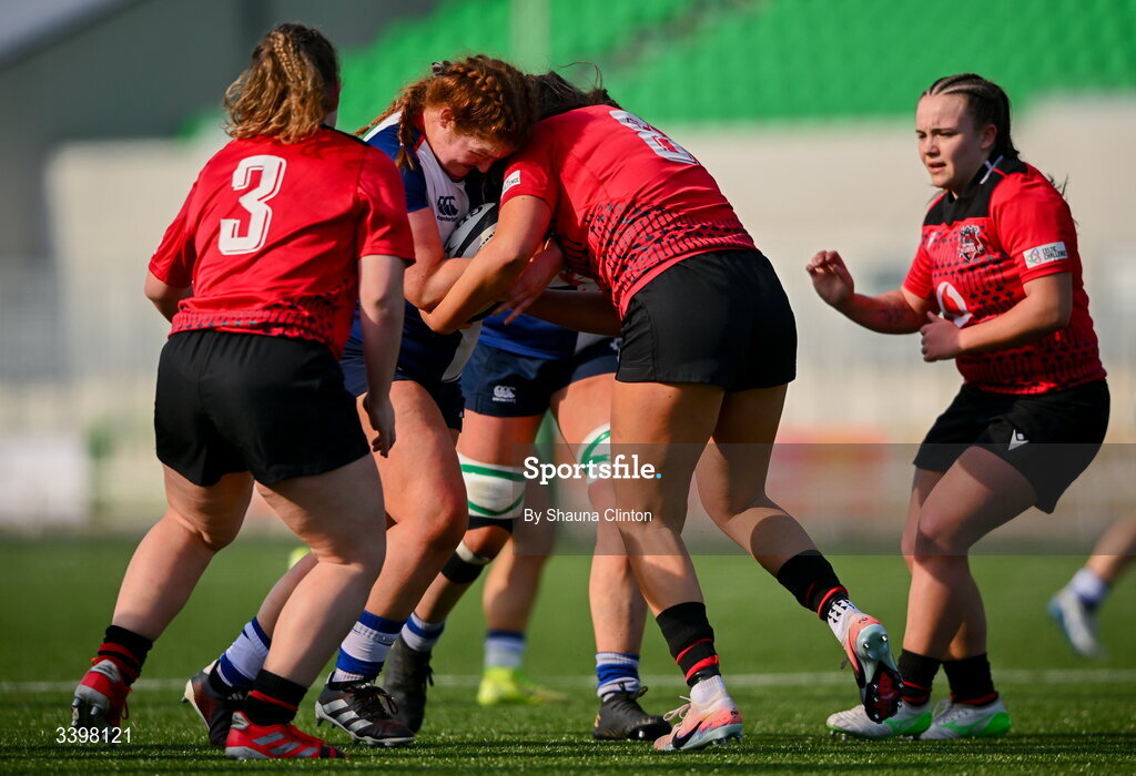 21 March 2026; Sophie Barrett of Wolfhounds is tackled by Brython Thunder players Elan Jones, left, and Jorja Aiono during the Celtic Challenge semi-final match between Wolfhounds and Brython Thunder at Dexcom Stadium in Galway. Photo by Shauna Clinton/Sportsfile