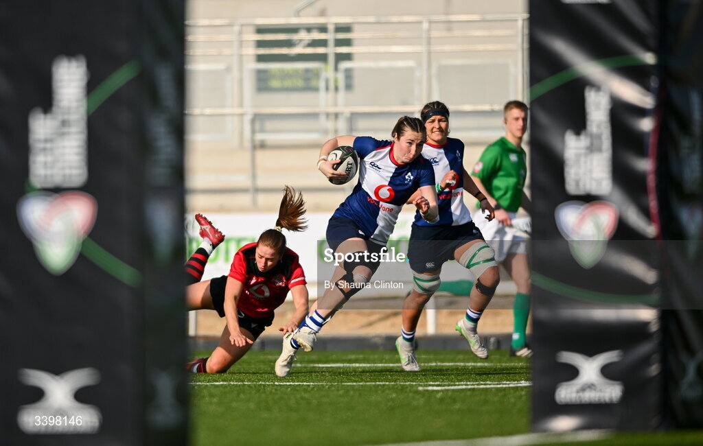 21 March 2026; Eve Higgins of Wolfhounds scores her side's fourth try during the Celtic Challenge semi-final match between Wolfhounds and Brython Thunder at Dexcom Stadium in Galway. Photo by Shauna Clinton/Sportsfile