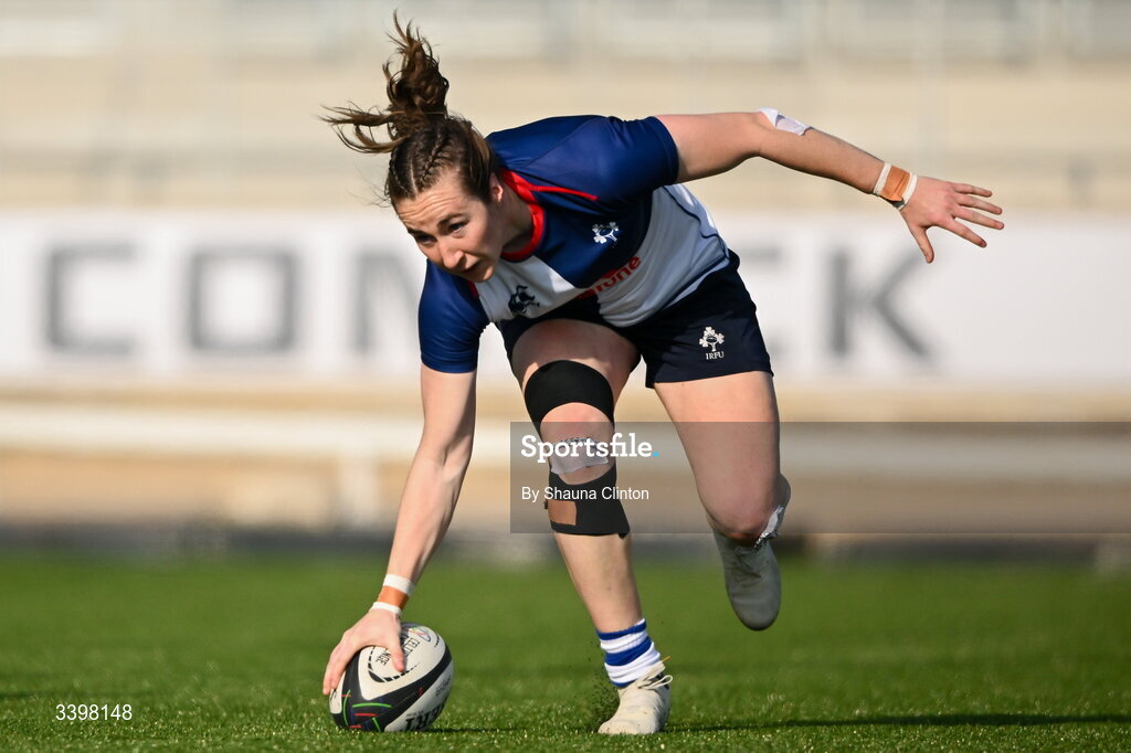 21 March 2026; Eve Higgins of Wolfhounds scores her side's fourth try during the Celtic Challenge semi-final match between Wolfhounds and Brython Thunder at Dexcom Stadium in Galway. Photo by Shauna Clinton/Sportsfile