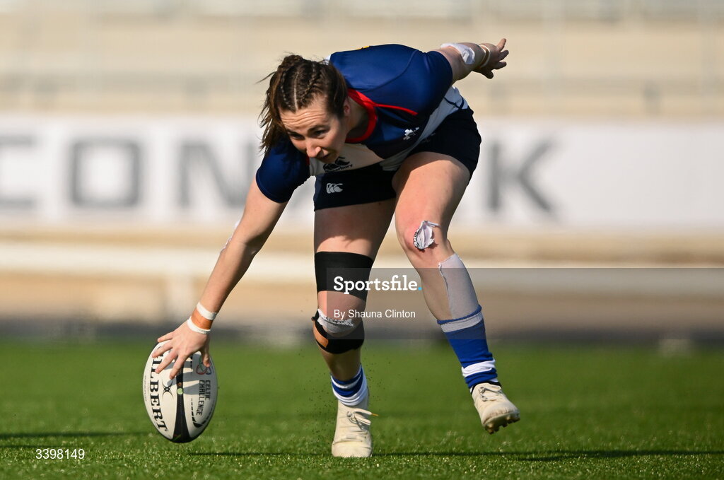 21 March 2026; Eve Higgins of Wolfhounds scores her side's fourth try during the Celtic Challenge semi-final match between Wolfhounds and Brython Thunder at Dexcom Stadium in Galway. Photo by Shauna Clinton/Sportsfile