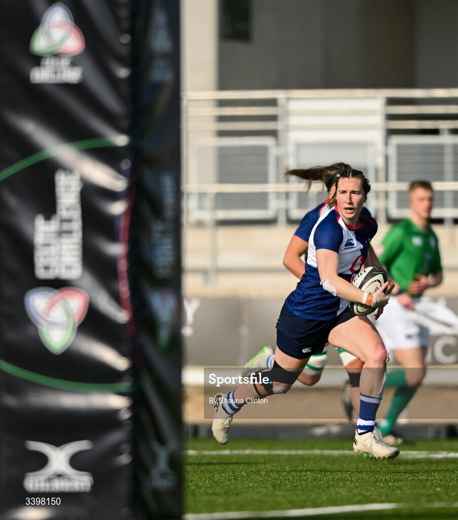 21 March 2026; Eve Higgins of Wolfhounds scores her side's fourth try during the Celtic Challenge semi-final match between Wolfhounds and Brython Thunder at Dexcom Stadium in Galway. Photo by Shauna Clinton/Sportsfile