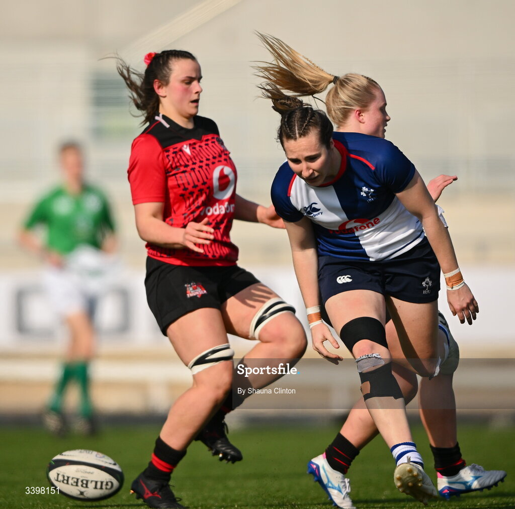21 March 2026; Eve Higgins of Wolfhounds scores her side's fourth try during the Celtic Challenge semi-final match between Wolfhounds and Brython Thunder at Dexcom Stadium in Galway. Photo by Shauna Clinton/Sportsfile