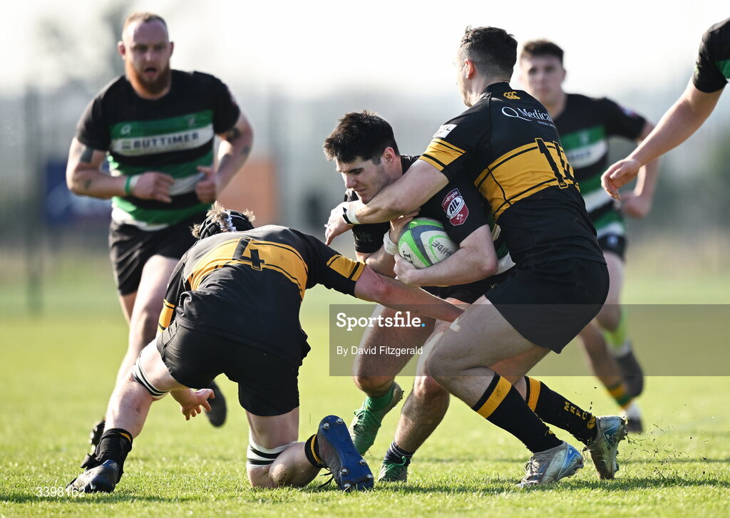 21 March 2026; Liam Maher of Clonmel is tackled by Daniel Hayes of Malahide during the Energia All-Ireland League Men's Division 2C match between Malahide RFC and Clonmel RFC at Malahide RFC on Estuary Road in Dublin. Photo by David Fitzgerald/Sportsfile