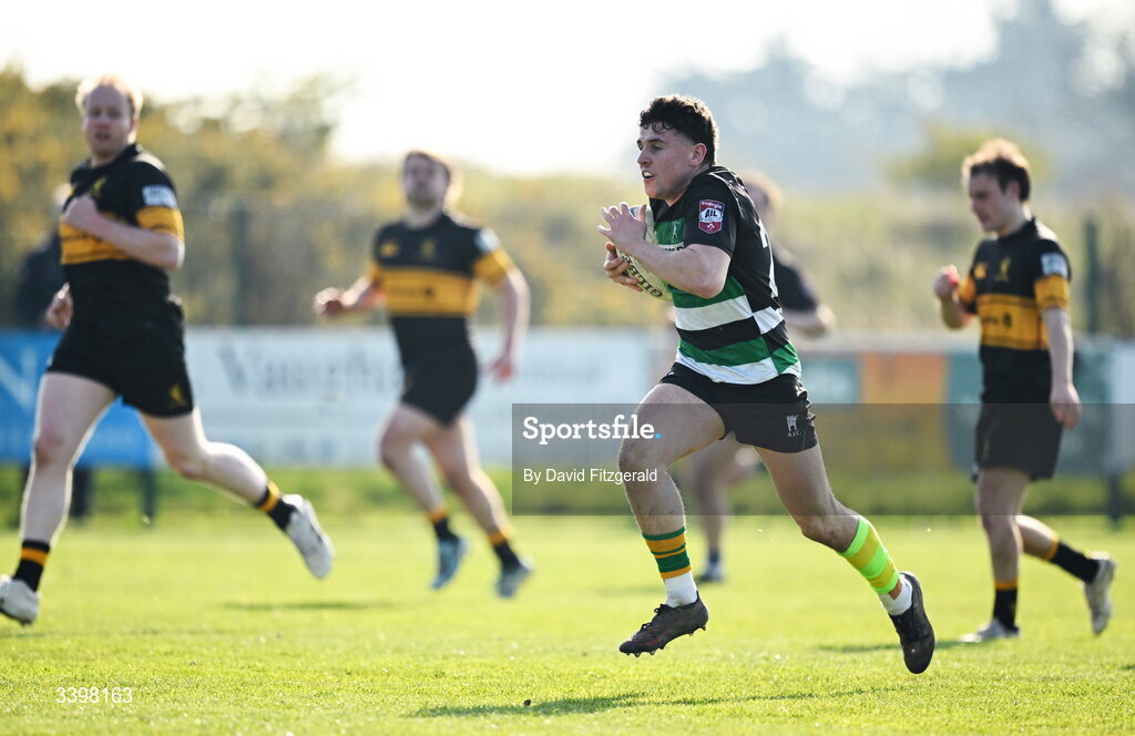 21 March 2026; Ben O'Dwyer of Clonmel on his way to scoring a try during the Energia All-Ireland League Men's Division 2C match between Malahide RFC and Clonmel RFC at Malahide RFC on Estuary Road in Dublin. Photo by David Fitzgerald/Sportsfile