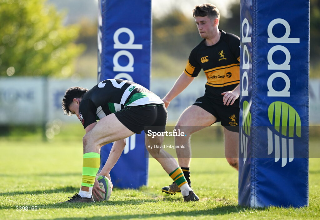 21 March 2026; Ben O'Dwyer of Clonmel scores a try during the Energia All-Ireland League Men's Division 2C match between Malahide RFC and Clonmel RFC at Malahide RFC on Estuary Road in Dublin. Photo by David Fitzgerald/Sportsfile