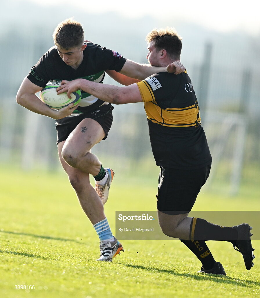 21 March 2026; Josef O'Connor of Clonmel is tackled by Lee Byrne of Malahide during the Energia All-Ireland League Men's Division 2C match between Malahide RFC and Clonmel RFC at Malahide RFC on Estuary Road in Dublin. Photo by David Fitzgerald/Sportsfile