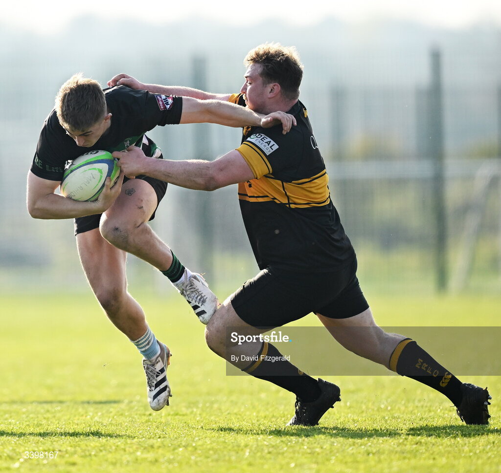 21 March 2026; Josef O'Connor of Clonmel is tackled by Lee Byrne of Malahide during the Energia All-Ireland League Men's Division 2C match between Malahide RFC and Clonmel RFC at Malahide RFC on Estuary Road in Dublin. Photo by David Fitzgerald/Sportsfile