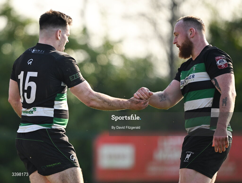 21 March 2026; Jack Walsh of Clonmel, left, is congratulated by Andrew Daly after scoring a try during the Energia All-Ireland League Men's Division 2C match between Malahide RFC and Clonmel RFC at Malahide RFC on Estuary Road in Dublin. Photo by David Fitzgerald/Sportsfile